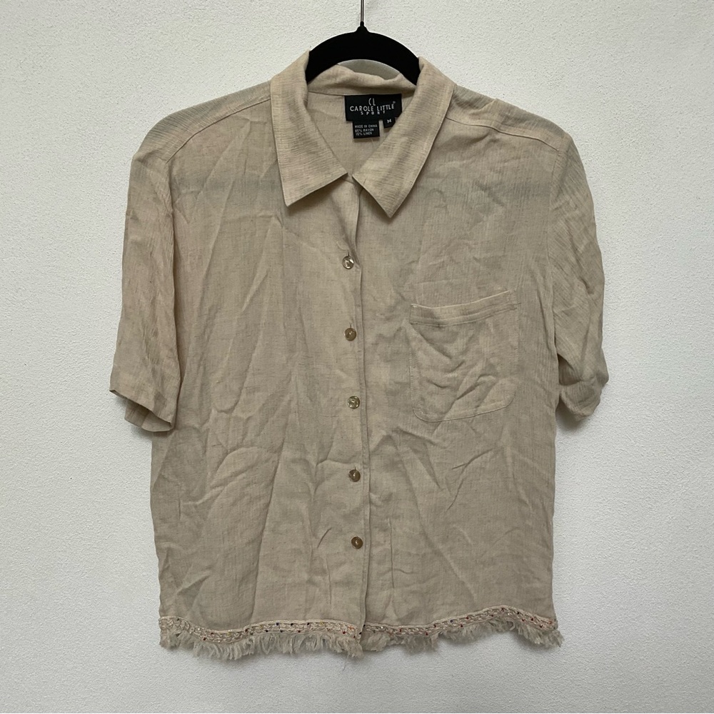 NWT Carole Little Sport Tan Linen Blend Beaded FringeHem Button Down Size Medium
